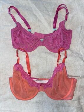 Victoria's Secret Pink Lace & Coral Mesh Bra Set 34DD